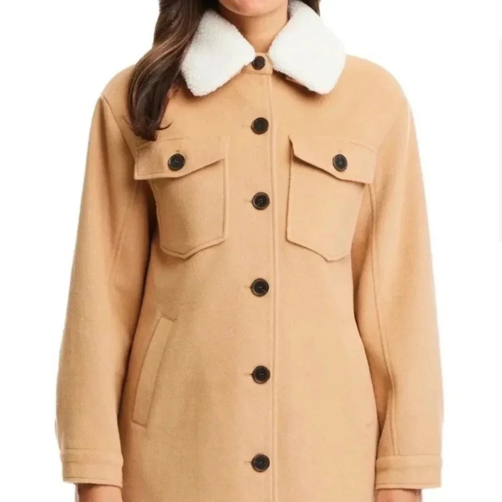 Sanctuary Long Shacket w/ Removable Faux Shearling Collar | Camel | Size L
